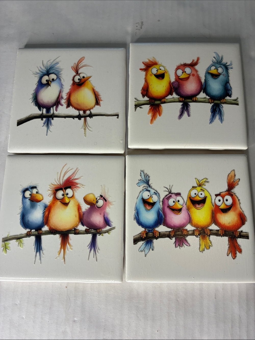Colorful Cartoon Bird Tile Coaster Set - Multicolor